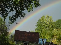 Сегодня шол проливной дождь, но потом выглянуло солнце и в небе появилось чудо природы - радуга.