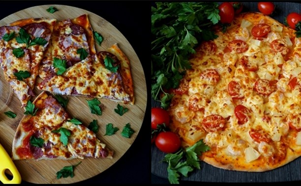 Тонкая пицца с двумя видами начинки