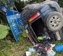 На Сахалине кроссовер вылетел с трассы и снёс дорожный знак