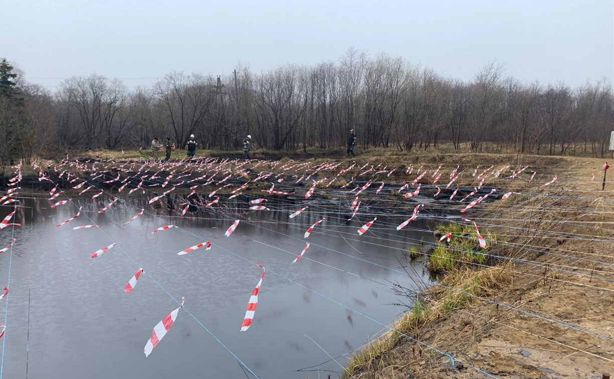 На Сахалине опасное нефтяное озеро закрыли отпугивающими веревками