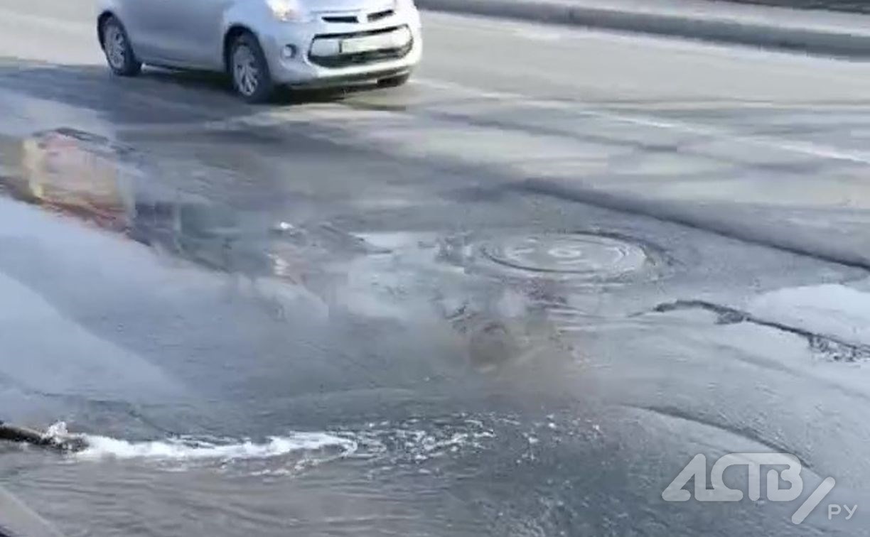 Торчащий из-под забора шланг несколько дней заливает водой улицу в Южно-Сахалинске
