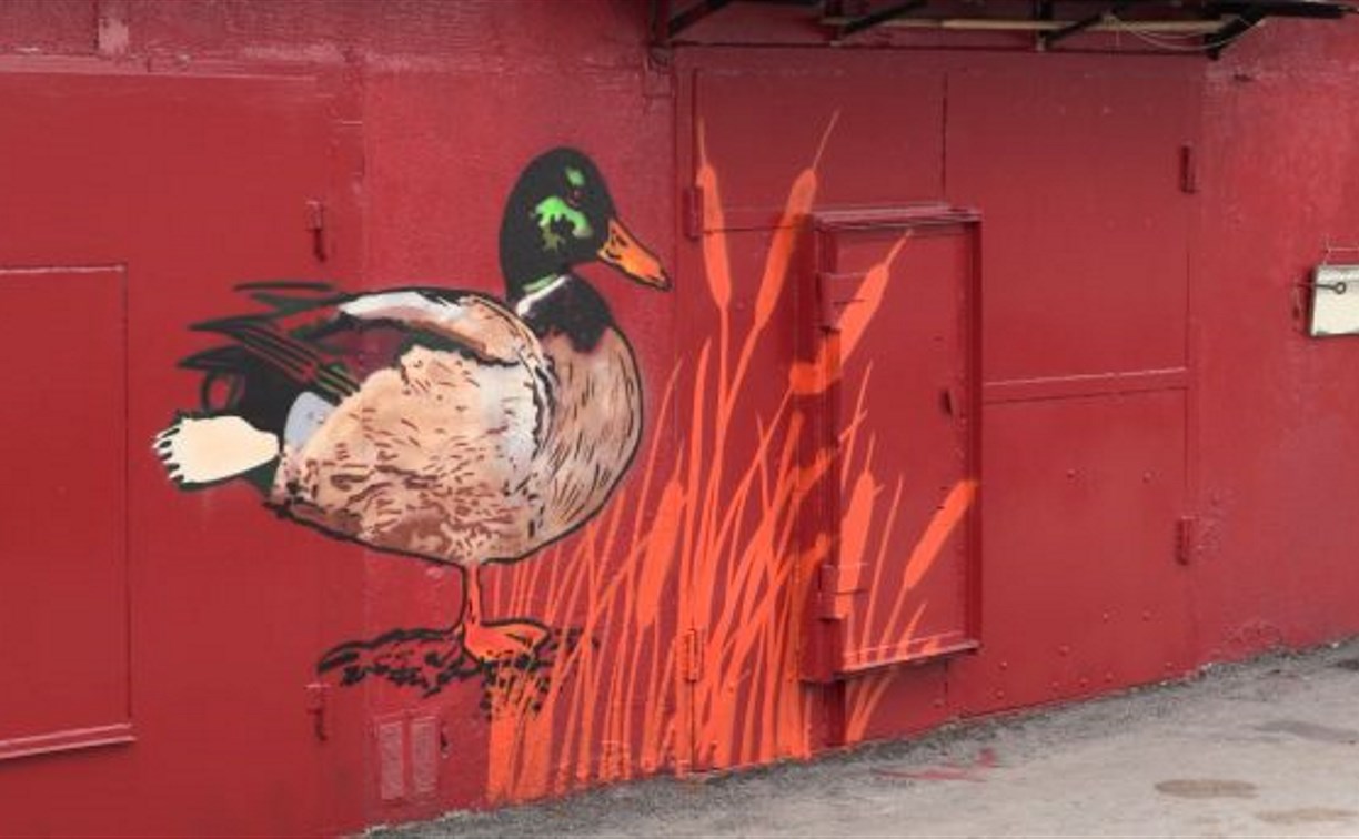 Японский журавль и утка-мандаринка украсили гаражи на улице Пограничной в Южно-Сахалинске