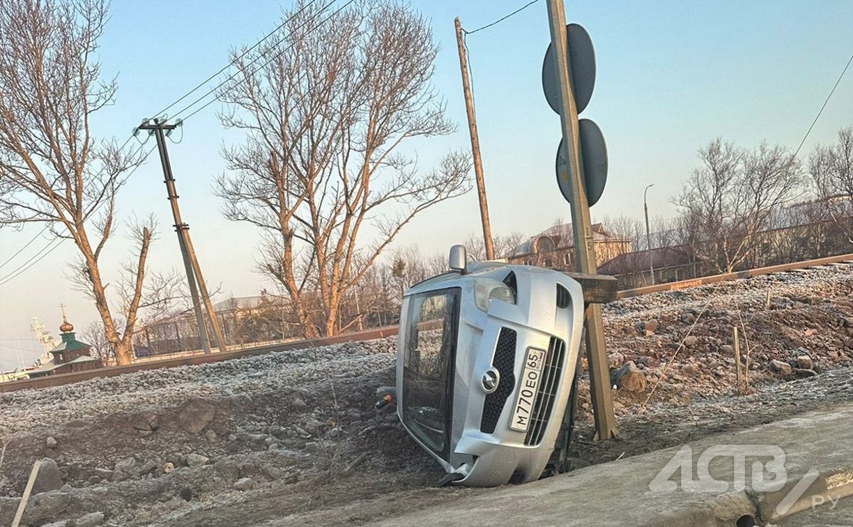Toyota вылетела с дороги и заскочила на дорожный знак в Корсакове
