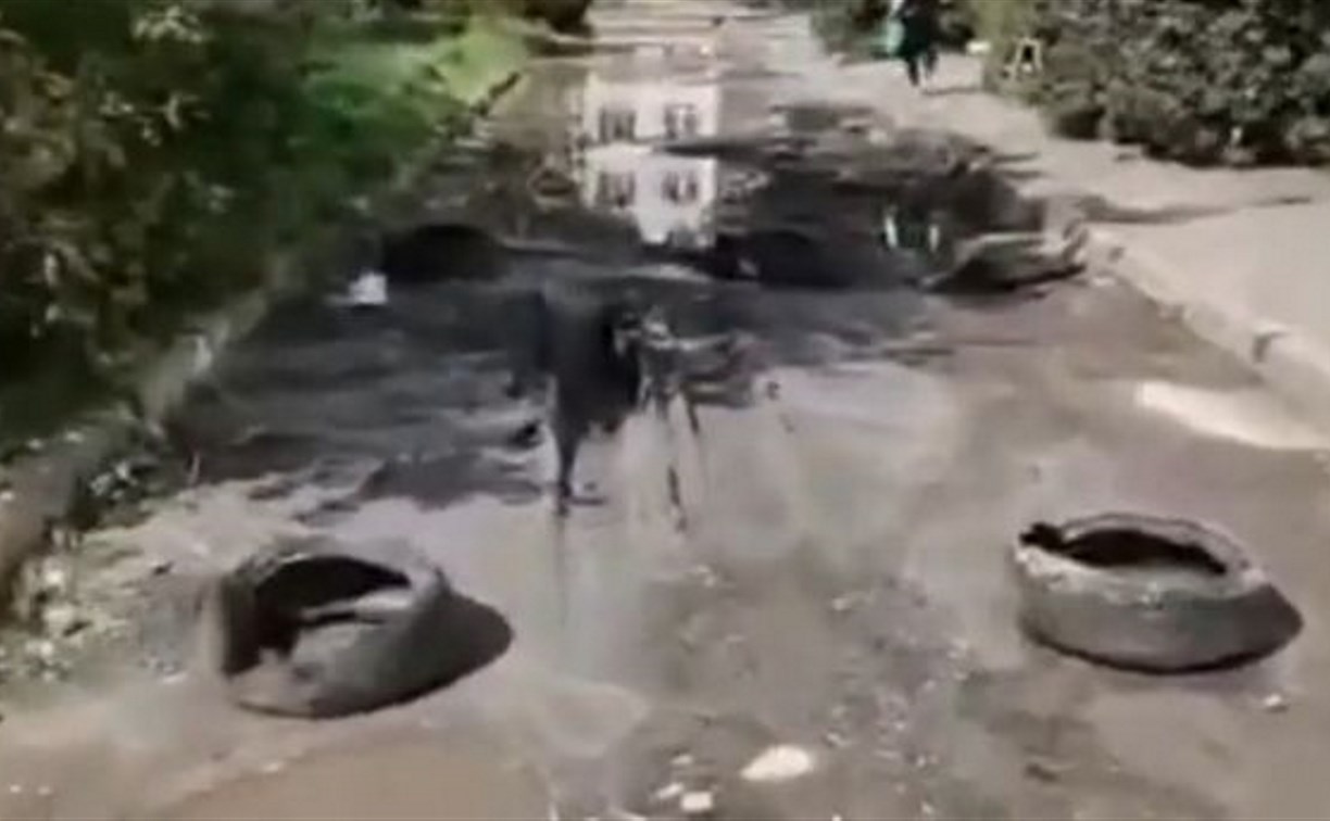 Южносахалинец на "Газели" расковырял залитые бетоном ямы на дороге
