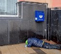 Пьяный бездомный спит на асфальте в центре Южно-Сахалинска