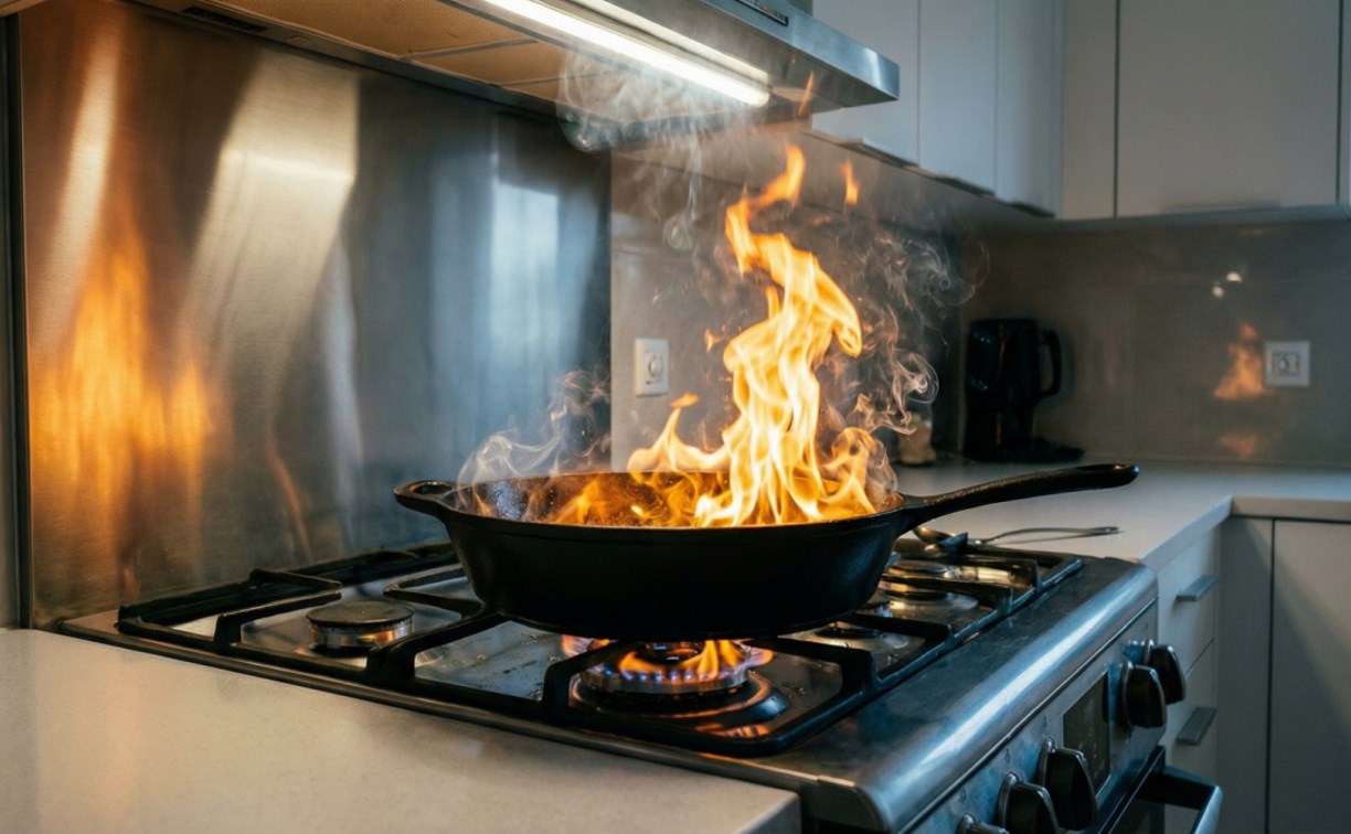 Обед не удался: в Корсакове вспыхнувшее на кухне масло привело к пожару