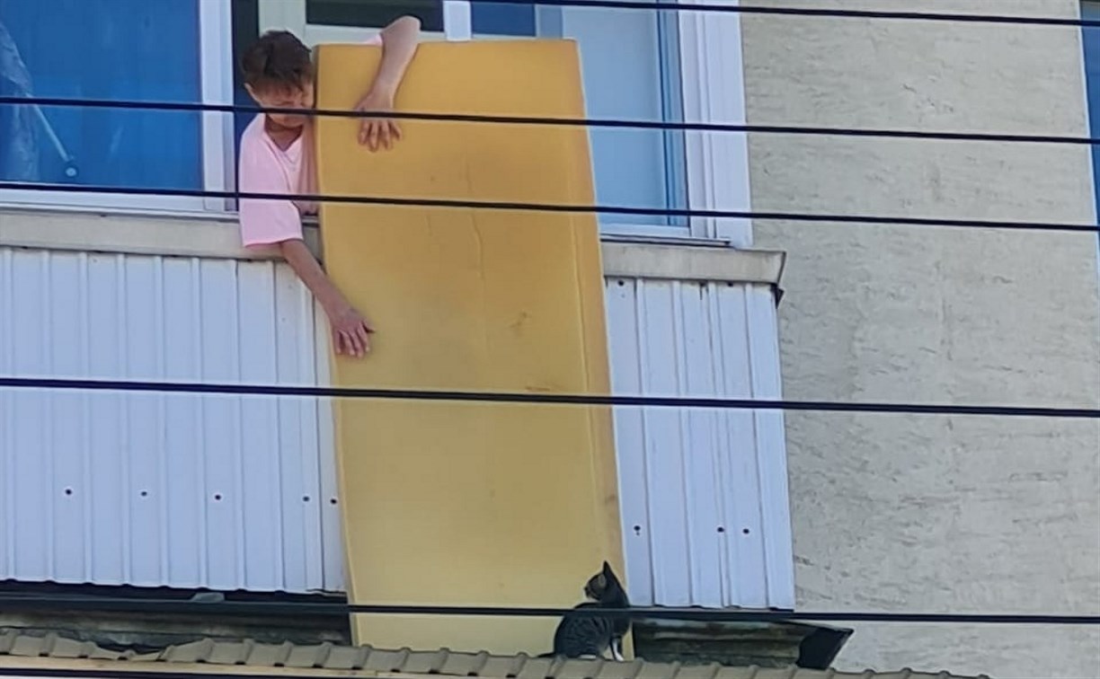 Сахалинка матрасом попыталась эвакуировать котёнка с крыши балкона в Холмске