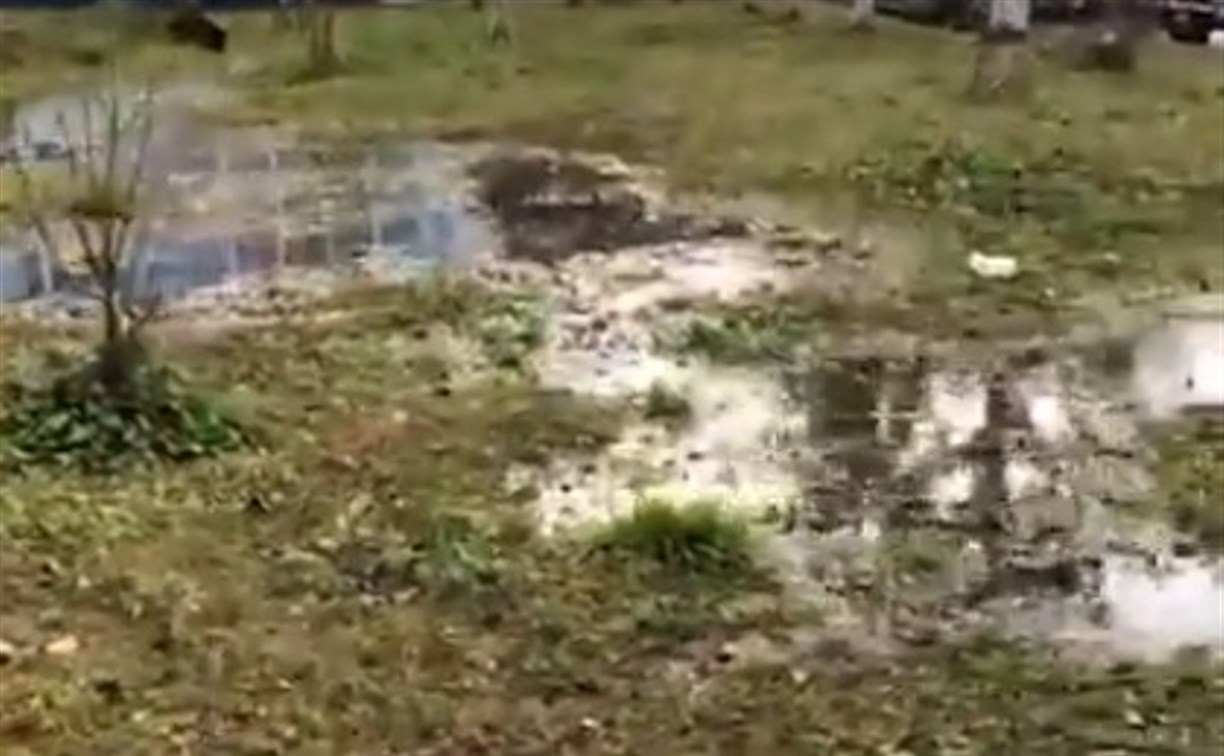 Из-за порыва труб возле Политехнического колледжа СахГУ появилось болото