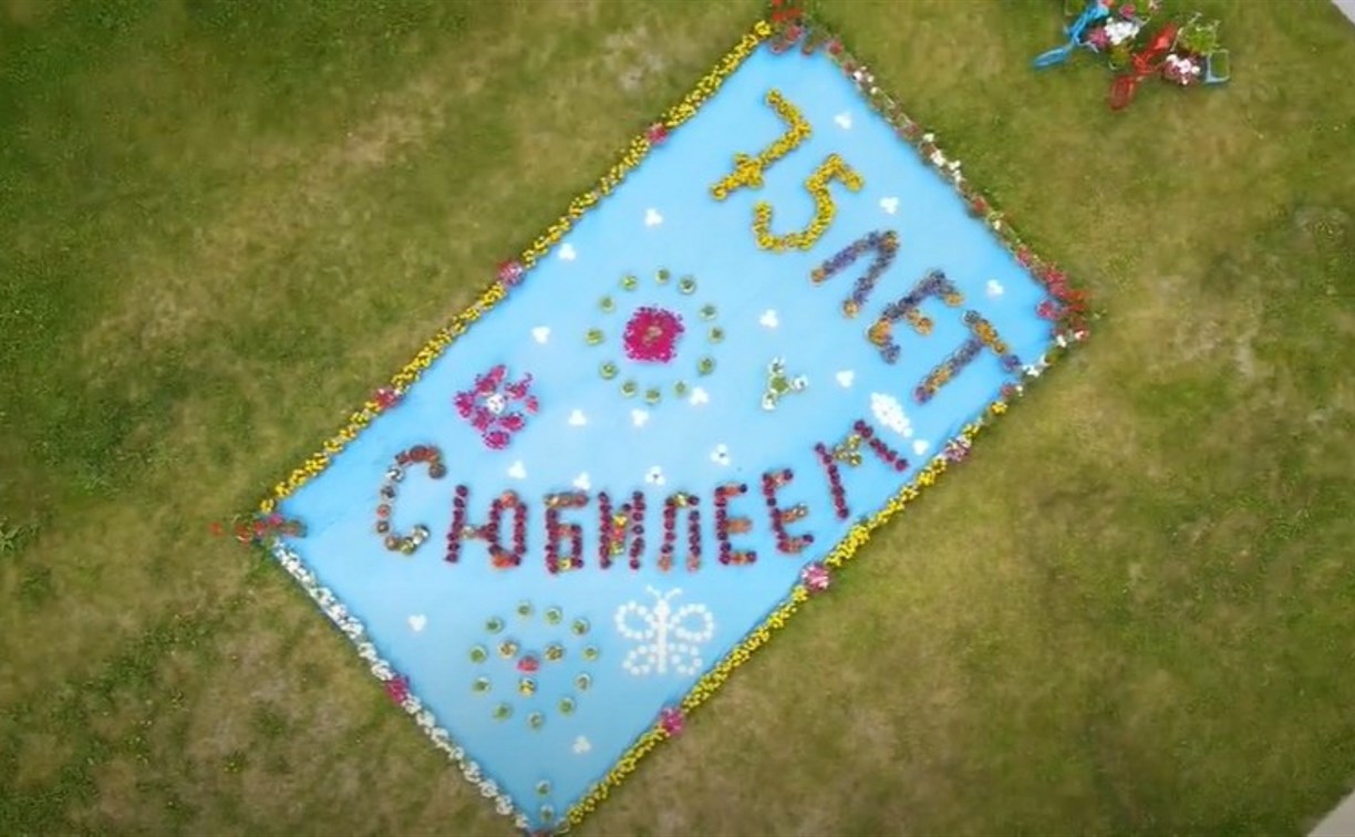 Сахалинские школьники сделали огромную открытку из цветов в честь юбилея области 