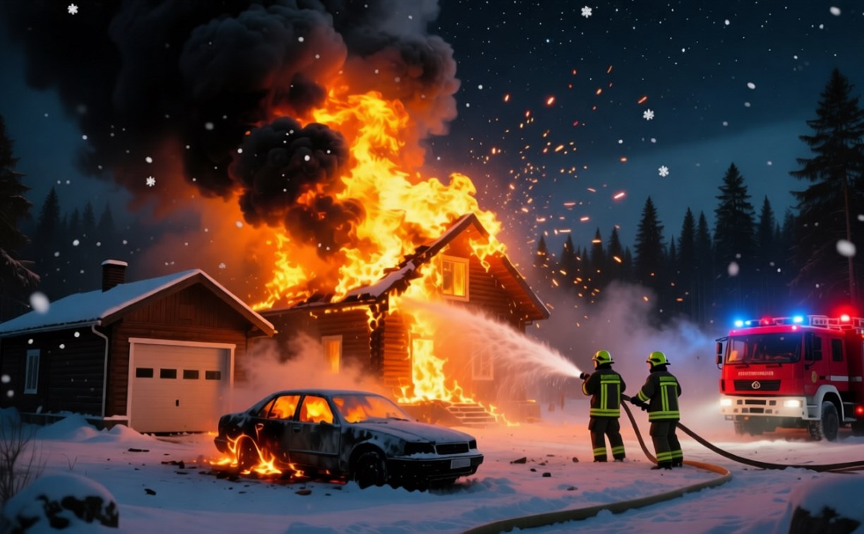 В Невельске пожарные шесть часов тушили дом, гараж и два автомобиля