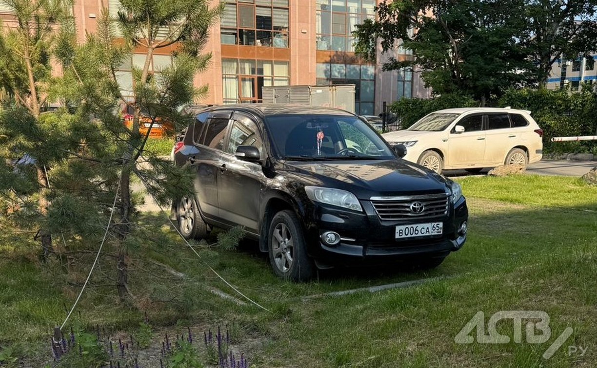 Самый наглый из автохамов: водитель припарковался на ухоженной полянке в Южно-Сахалинске