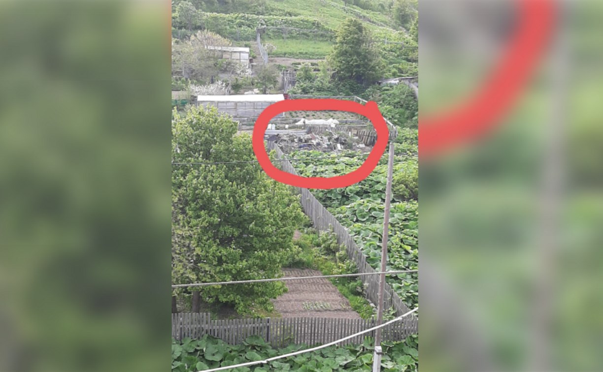 «Баки в двух шагах»: жители Холмска скидывают мусор за забор жилого дома