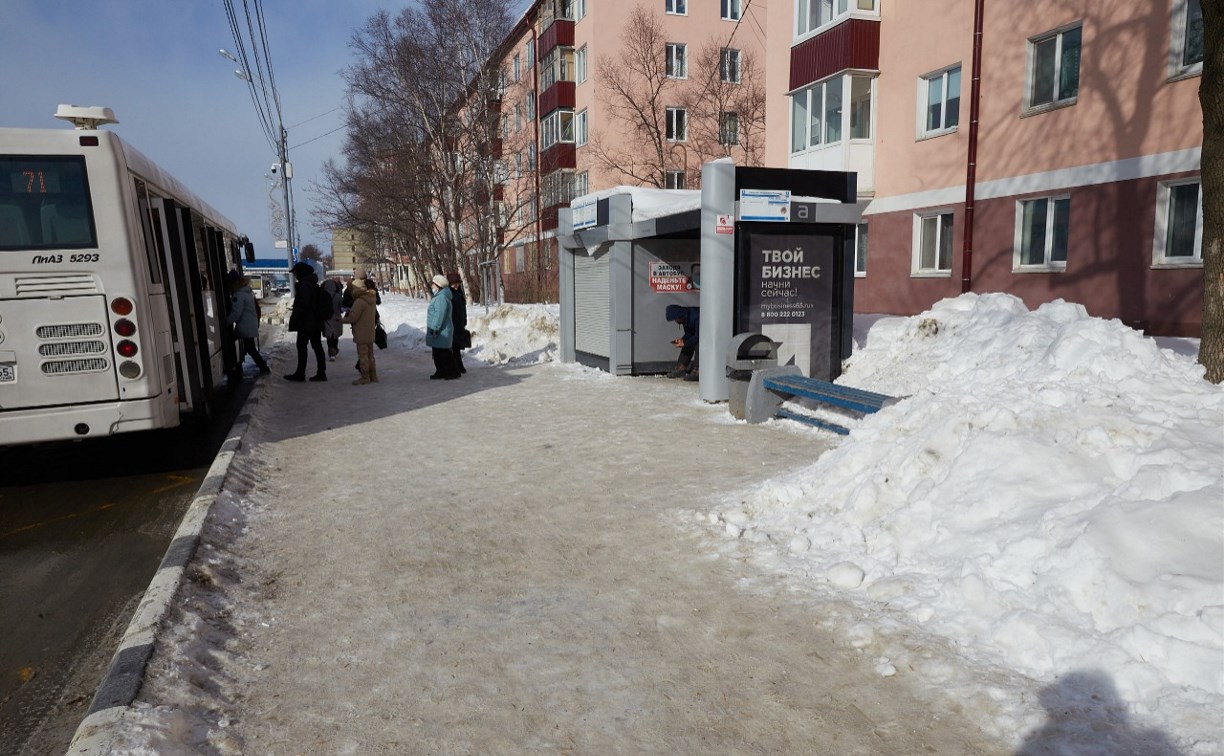 Мелкая техника не справляется со льдом на тротуарах Южно-Сахалинска