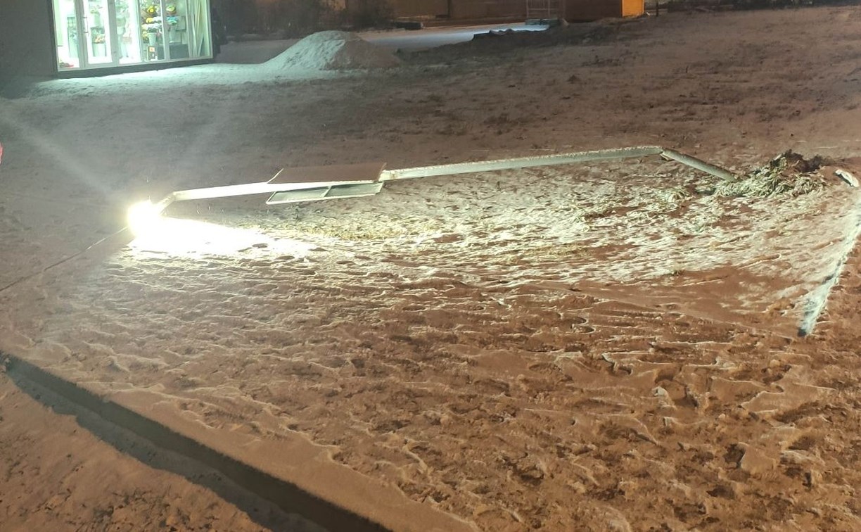 Лежит и светится: опасный фонарный столб засекли рядом с парком Южно-Сахалинска