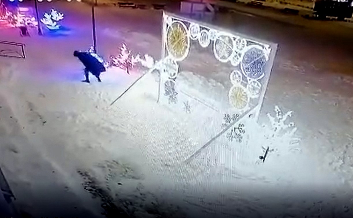  Вандалы разнесли новогоднюю ёлку на Сахалине, но попали на камеры видеофиксации