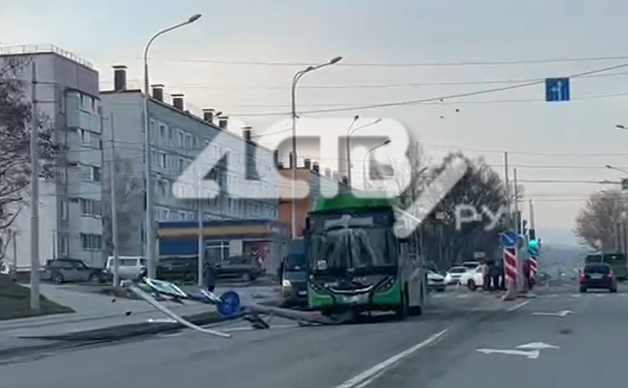 В Южно-Сахалинске пассажирский автобус снёс столб со светофором