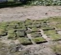 "Натуральная порнография": в селе Холмского района на цемент укладывают куски травы со стадиона