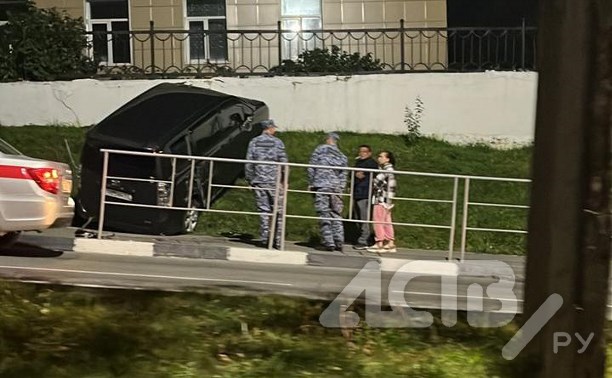 "Потемнело в глазах": Toyota пробила ограждение и вылетела на тротуар и газон в Холмске