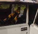 Выгорели "Жигули": появились кадры с места пожара на трассе в Долинском районе