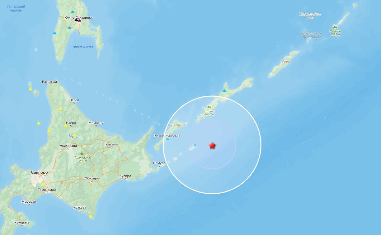 В океане недалеко от Южных Курил произошло землетрясение магнитудой 4.2