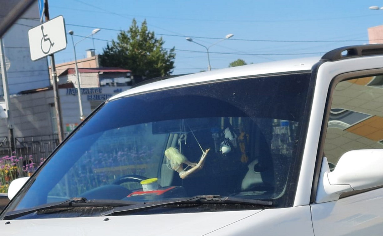 По Южно-Сахалинску разъезжает автомобилист с BDSM-Барби на зеркале заднего вида