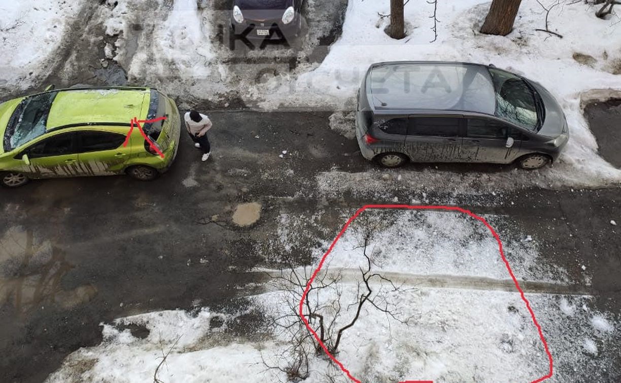 Лавина сошла с крыши и повредила припаркованный автомобиль в Южно-Сахалинске Лавина сошла с крыши и повредила припаркованный автомобиль в Южно-Сахалинске