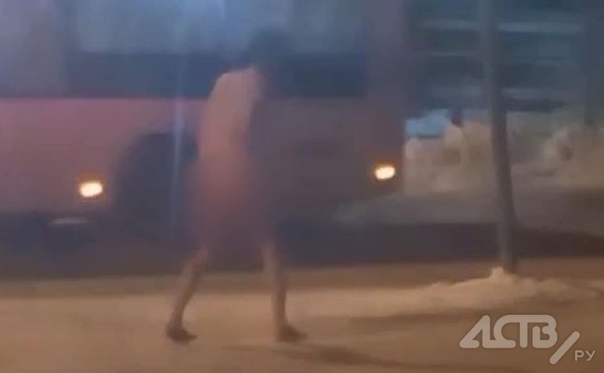 Голый мужчина растерянно бродил около автомобиля ДПС на Сахалине - видео