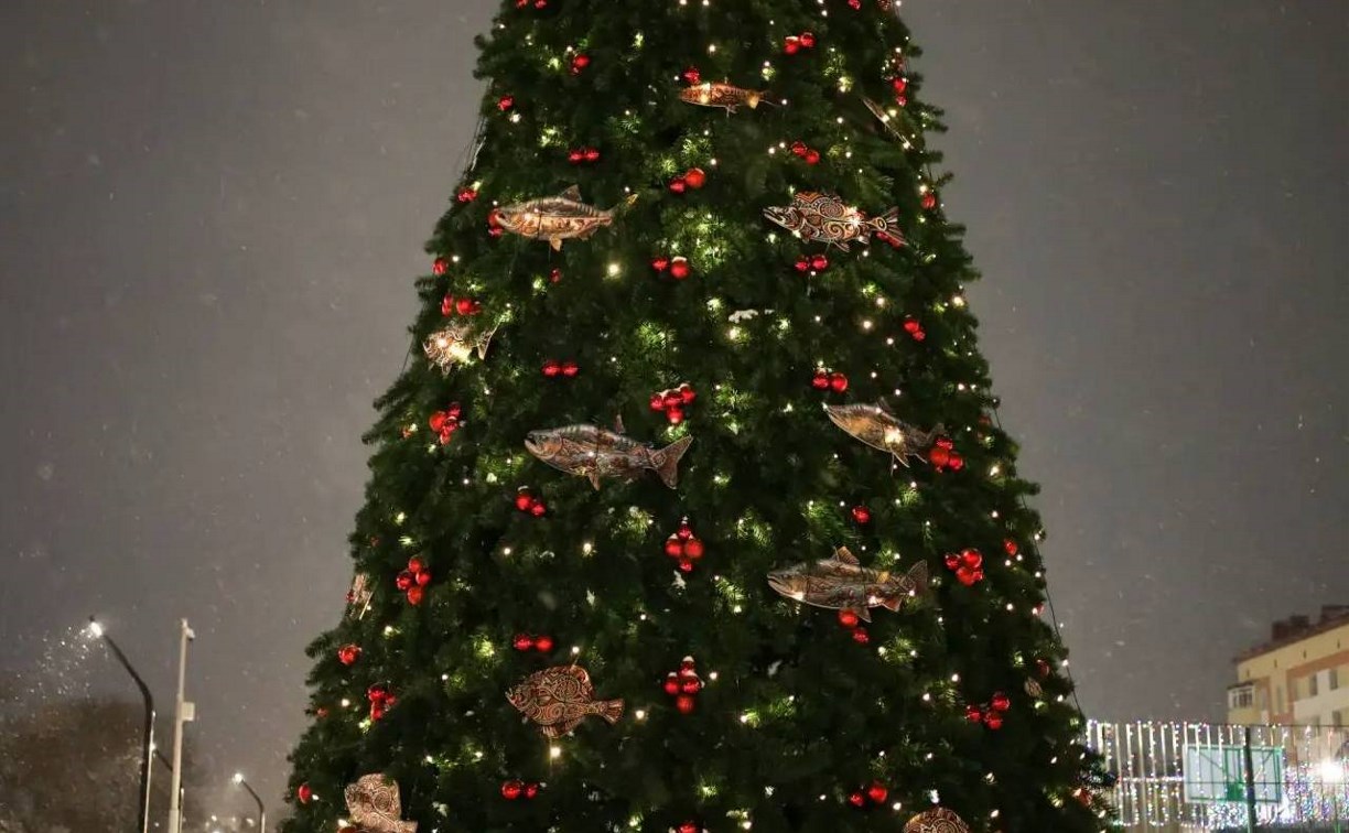 Новогодняя ёлка с рыбами и пейзажами Сахалина появилась на набережной в Корсакове