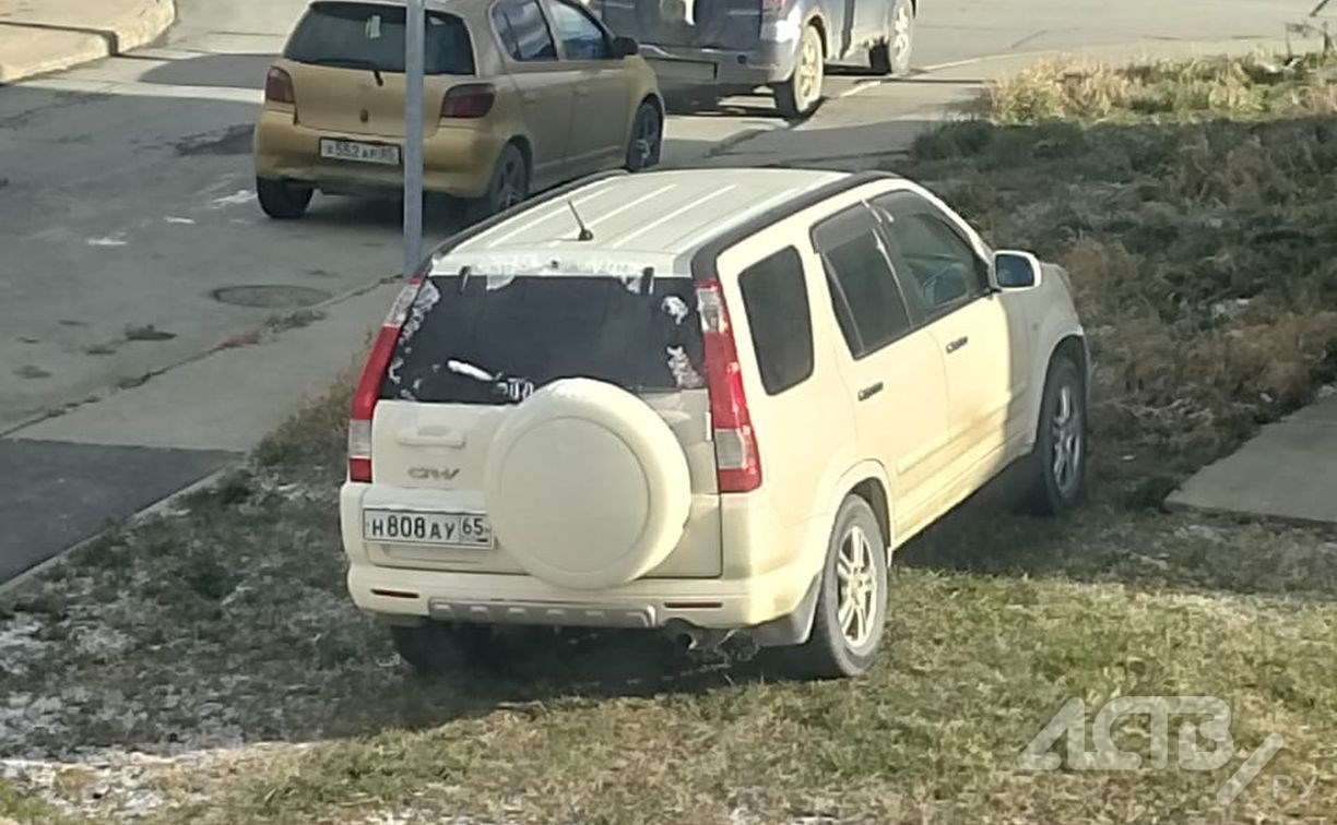 Автохамы "захватили" газон и тротуар на улице Долинской в Южно-Сахалинске
