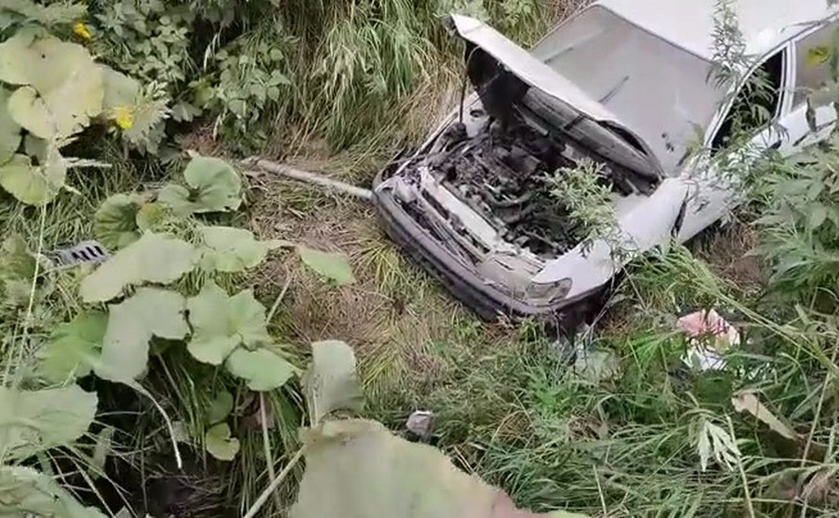 Соцсети: автомобиль снёс столб и улетел в кювет на Сахалине