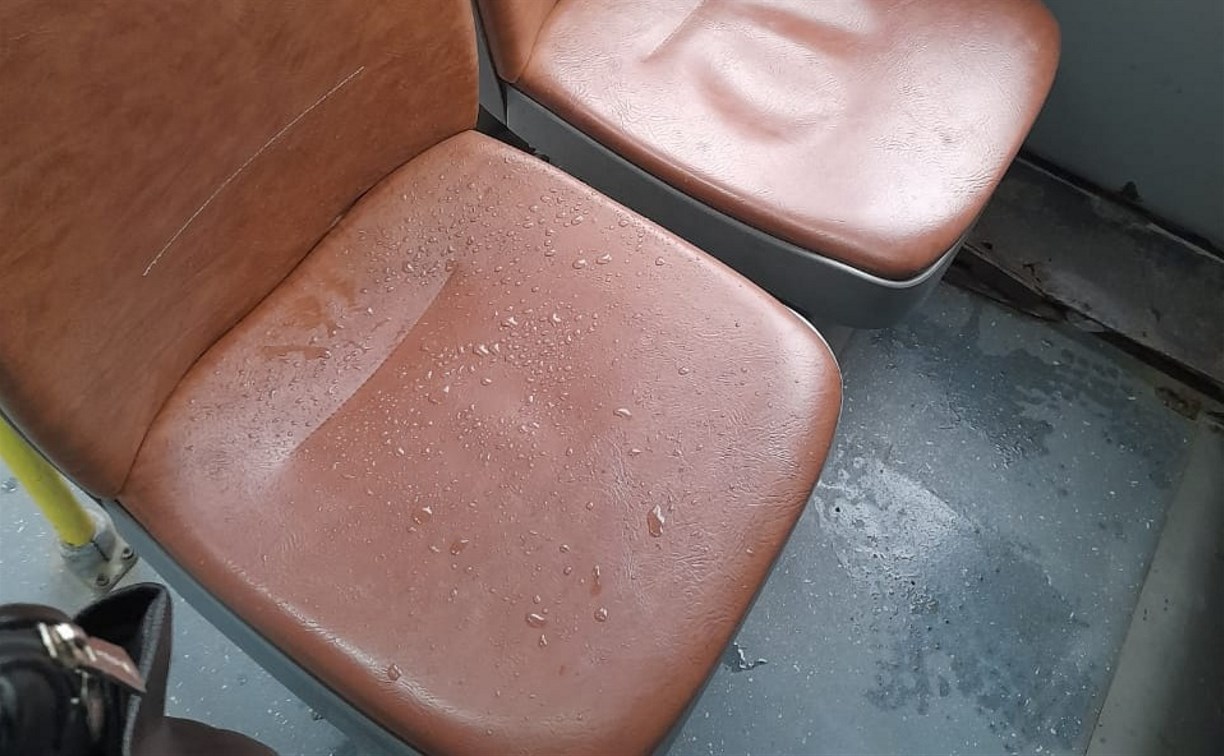 Жители Южно-Сахалинска не могут сесть в пассажирском автобусе из-за протекающего потолка