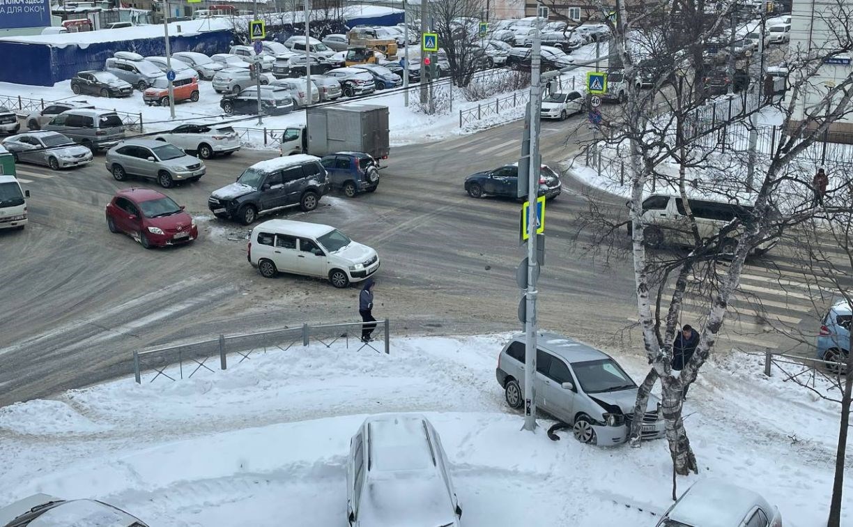 Автомобиль врезался в дерево в результате ДТП в Южно-Сахалинске: видео момента столкновения
