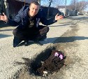 Сахалинец высадил редис в дорожной яме, где пробил колесо