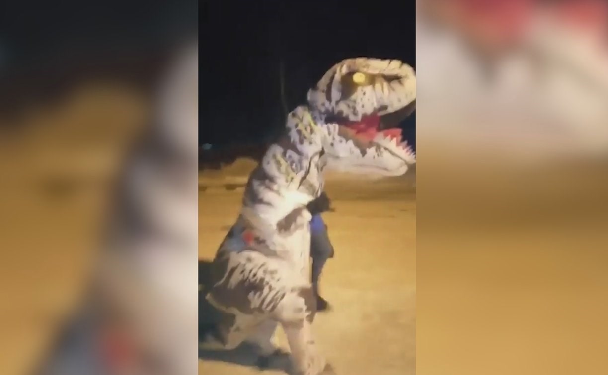 По улицам Южно-Сахалинска в Новый год прогулялся "динозавр"