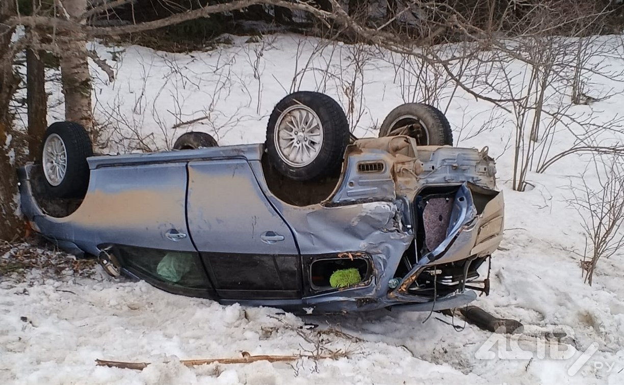 Автомобиль перевернулся и врезался в дерево на юге Сахалина